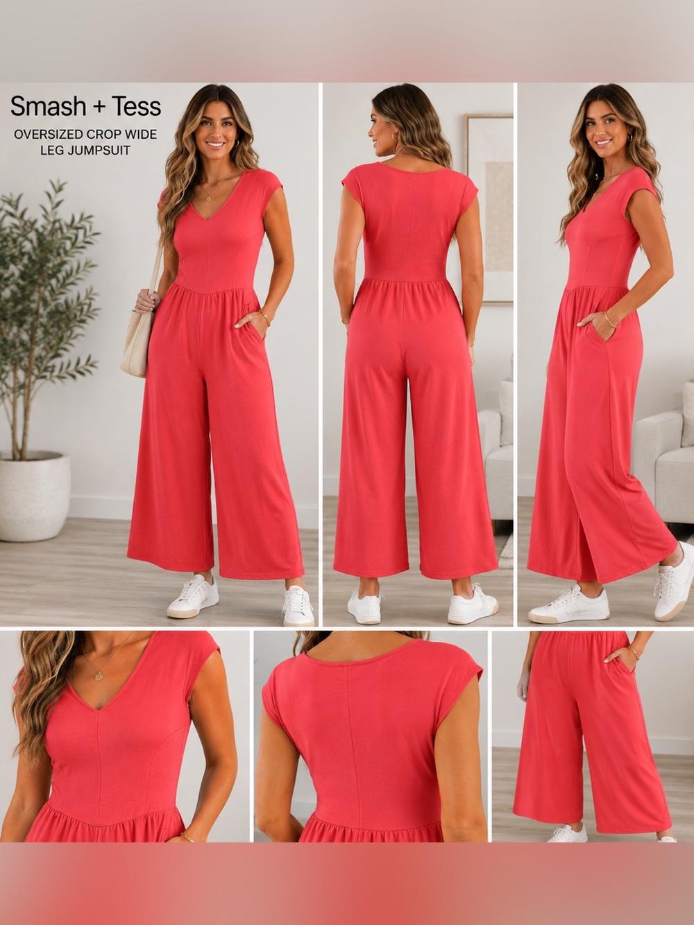 Smash + Tess Coral Cap-Sleeve Wide-Leg Jumpsuit‎